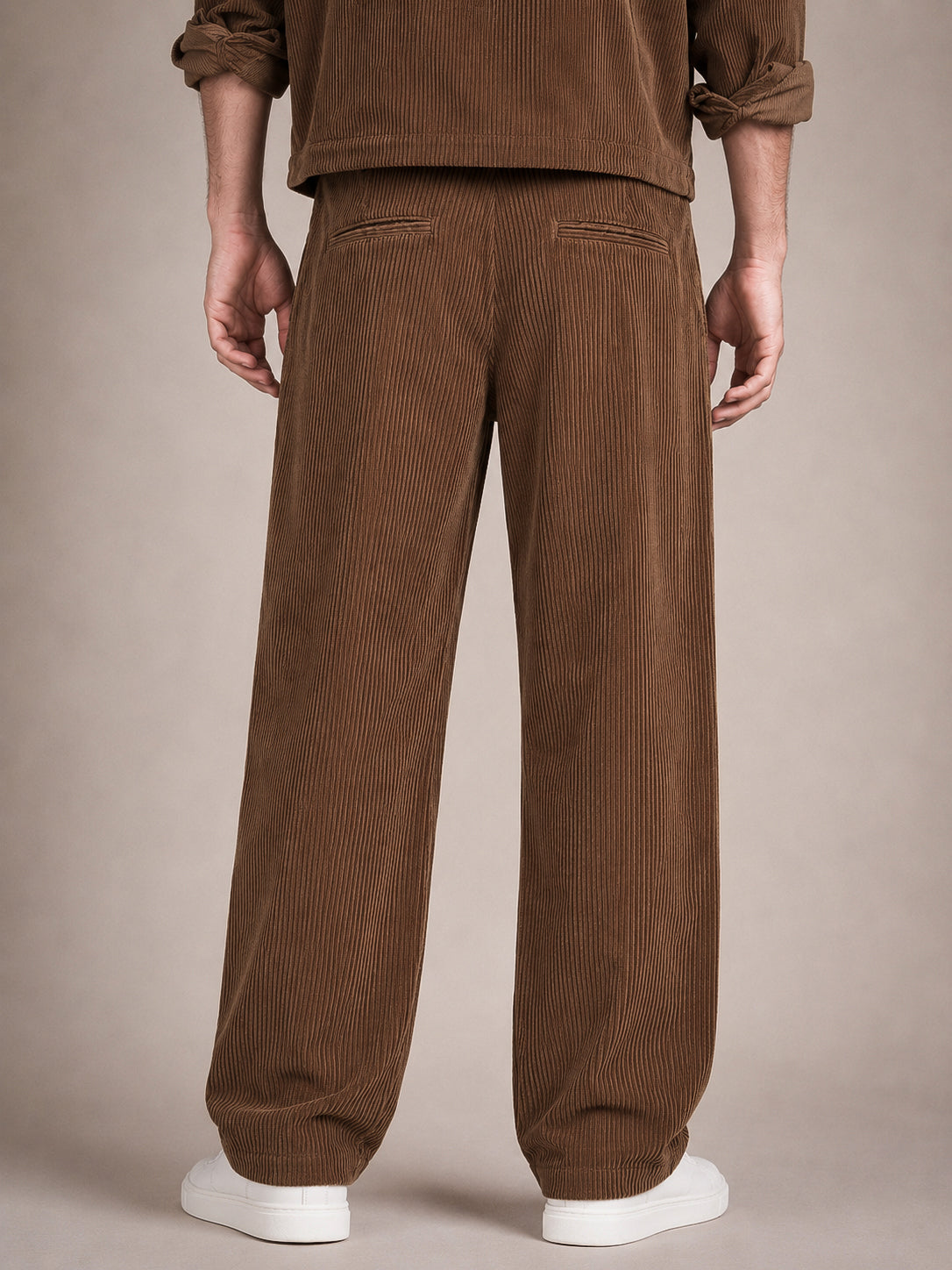 Brown Corduroy Regular Fit Pleated Trouser