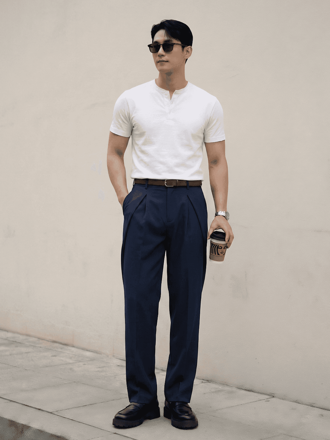 Navy Solid Loose Fit Overpleat Korean Pant
