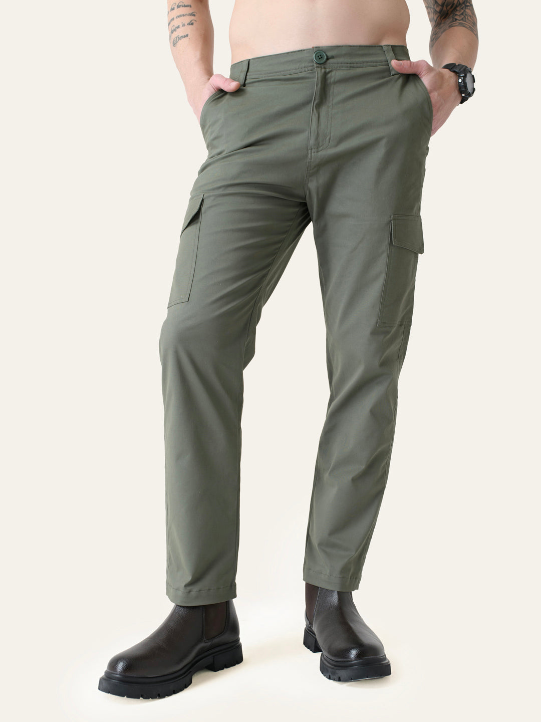Olive Green Solid Cargo Pants
