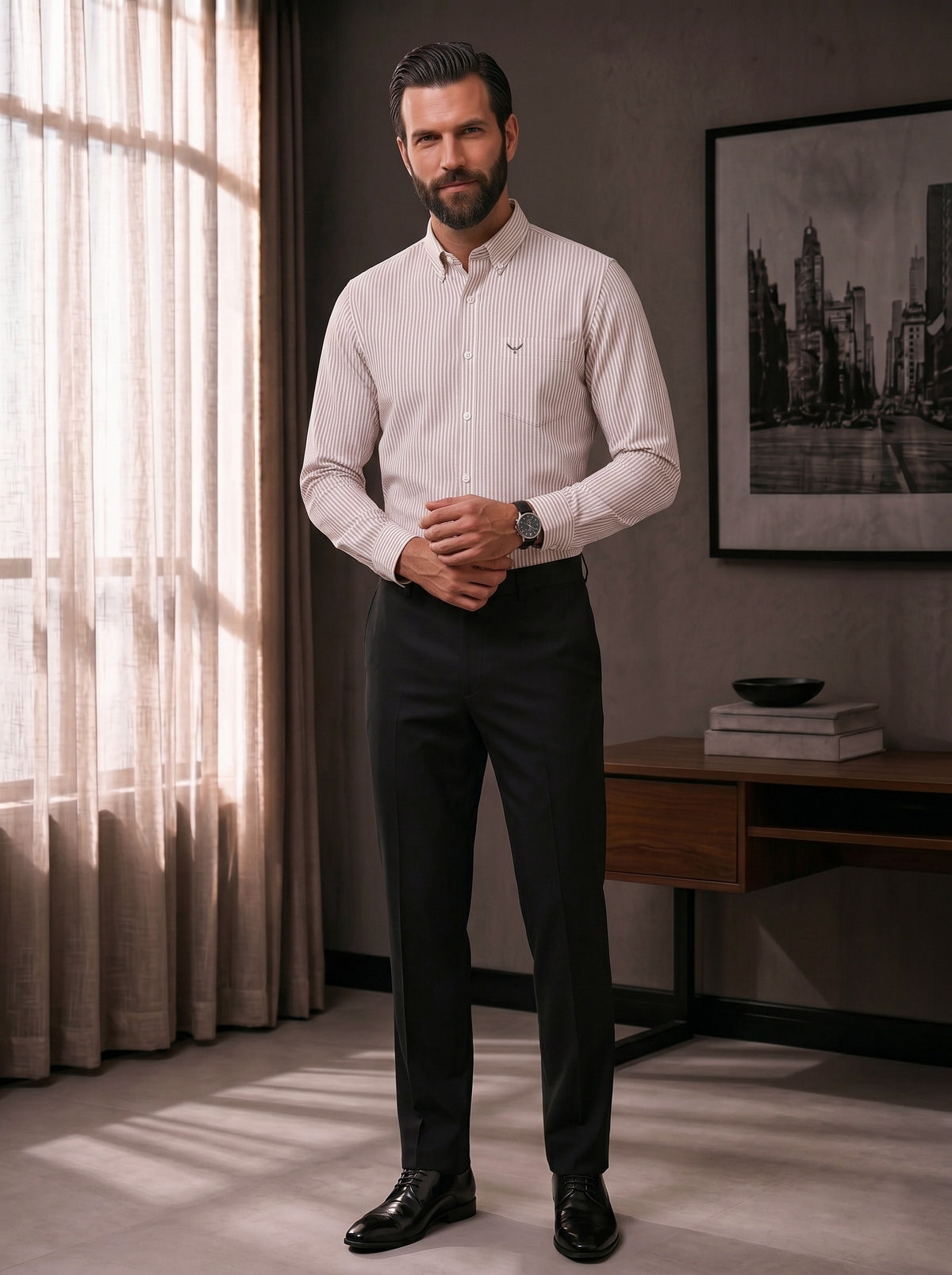 Brown Striped Slim Fit Cotton Shirt