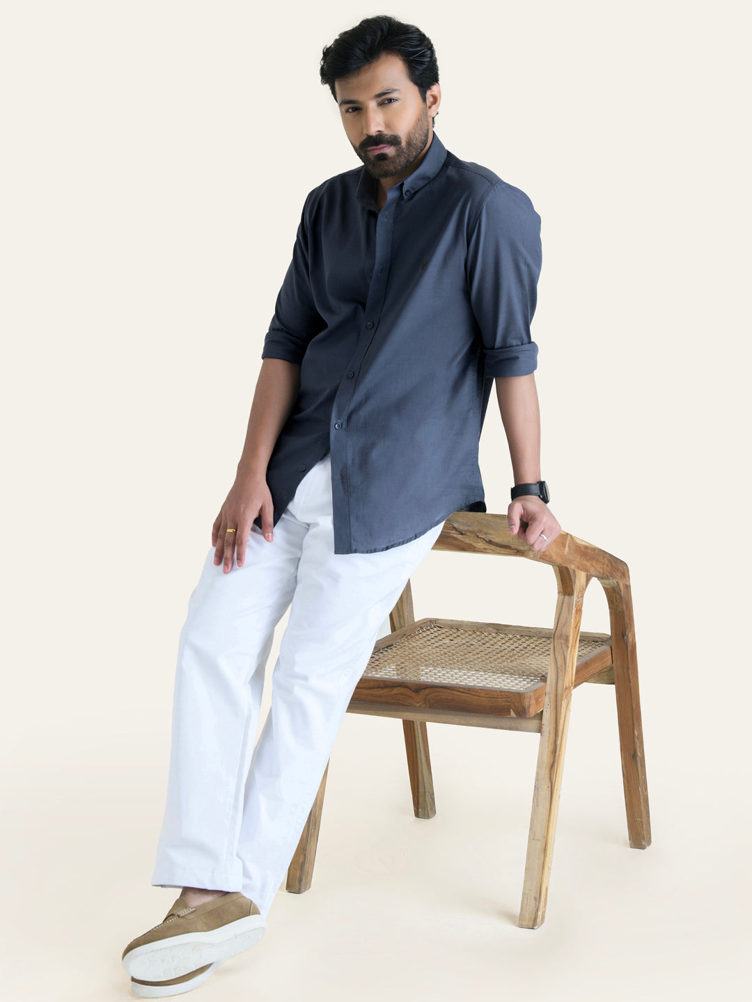 Dark Grey Solid Slim Fit Linen Cotton Shirt