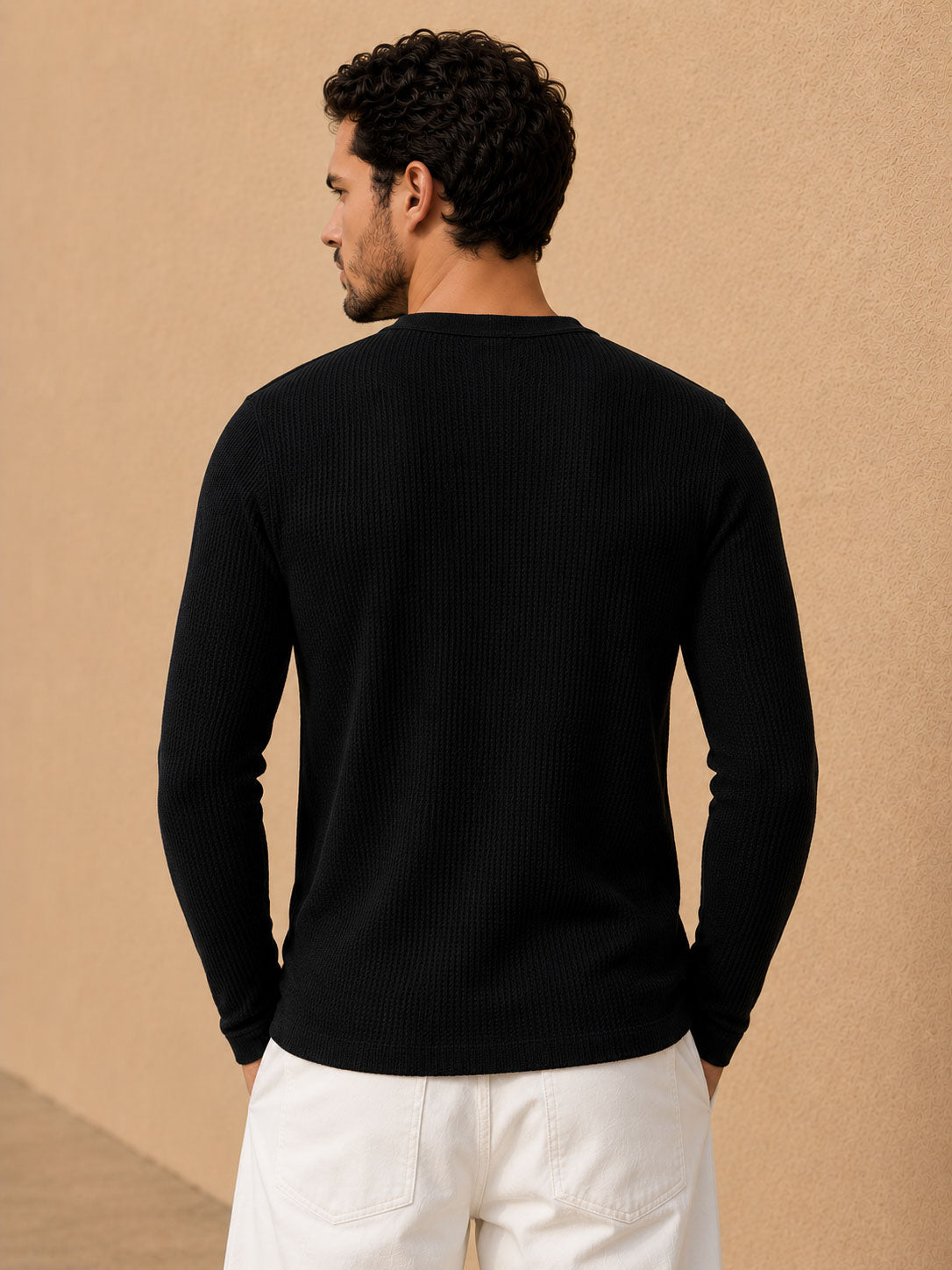 Black Waffle Henley Full Sleeve T-Shirt