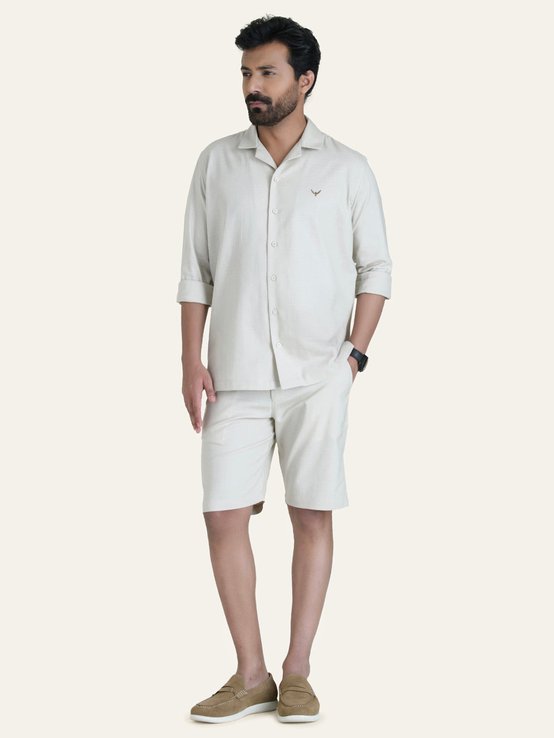 Beige Linen Solid Shirt Pants Co-ord Set.