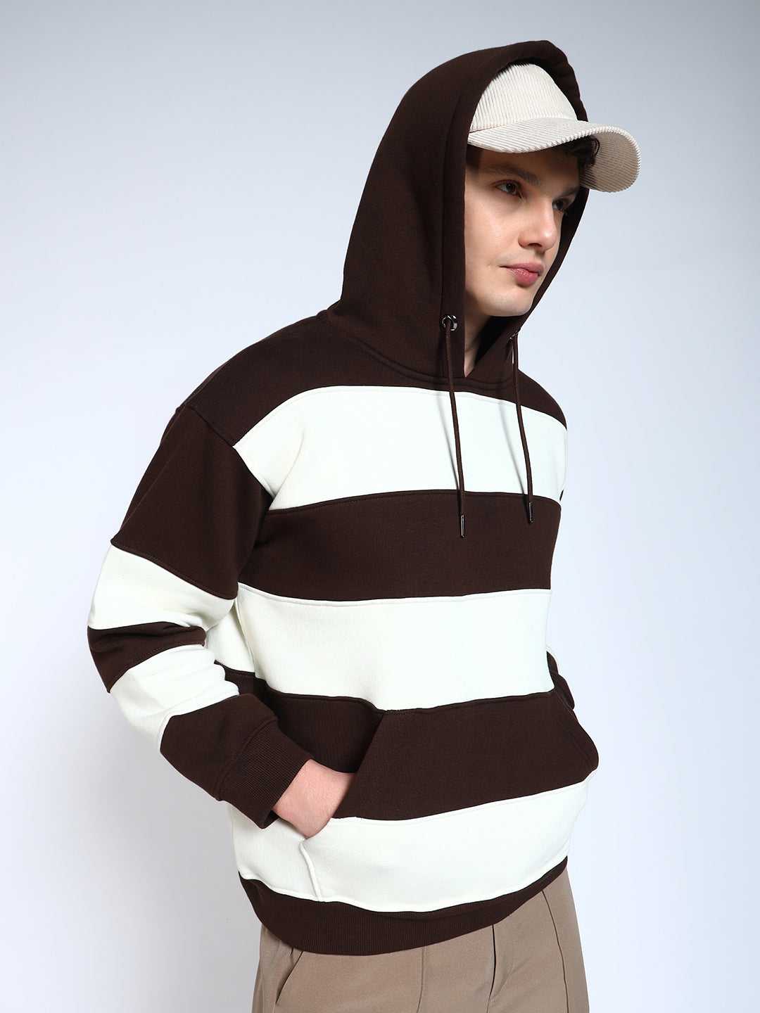 Brown Striped Regular Fit Hoodie Sweatshirt