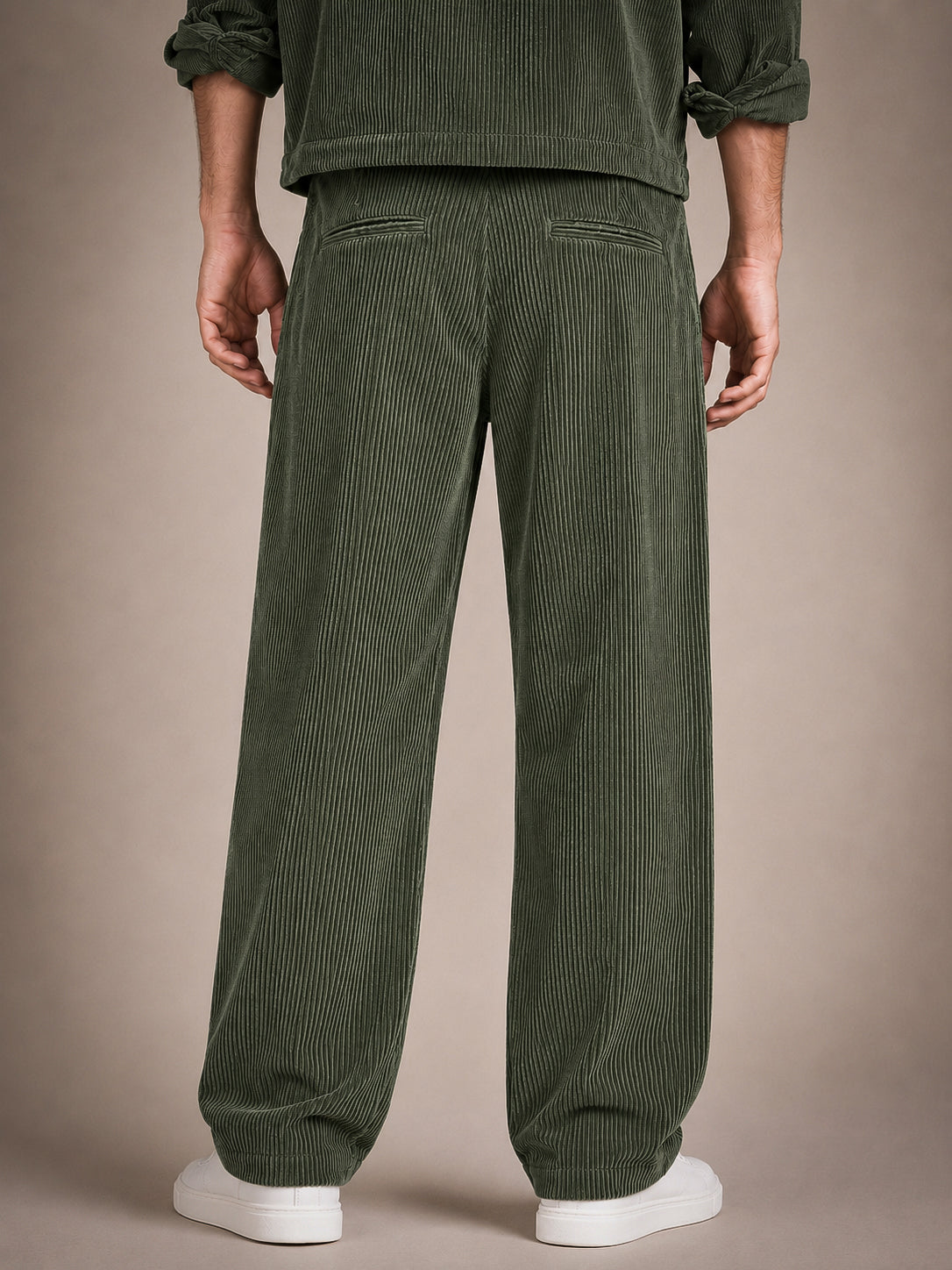 Olive Green Corduroy Regular Fit Pleated Trouser