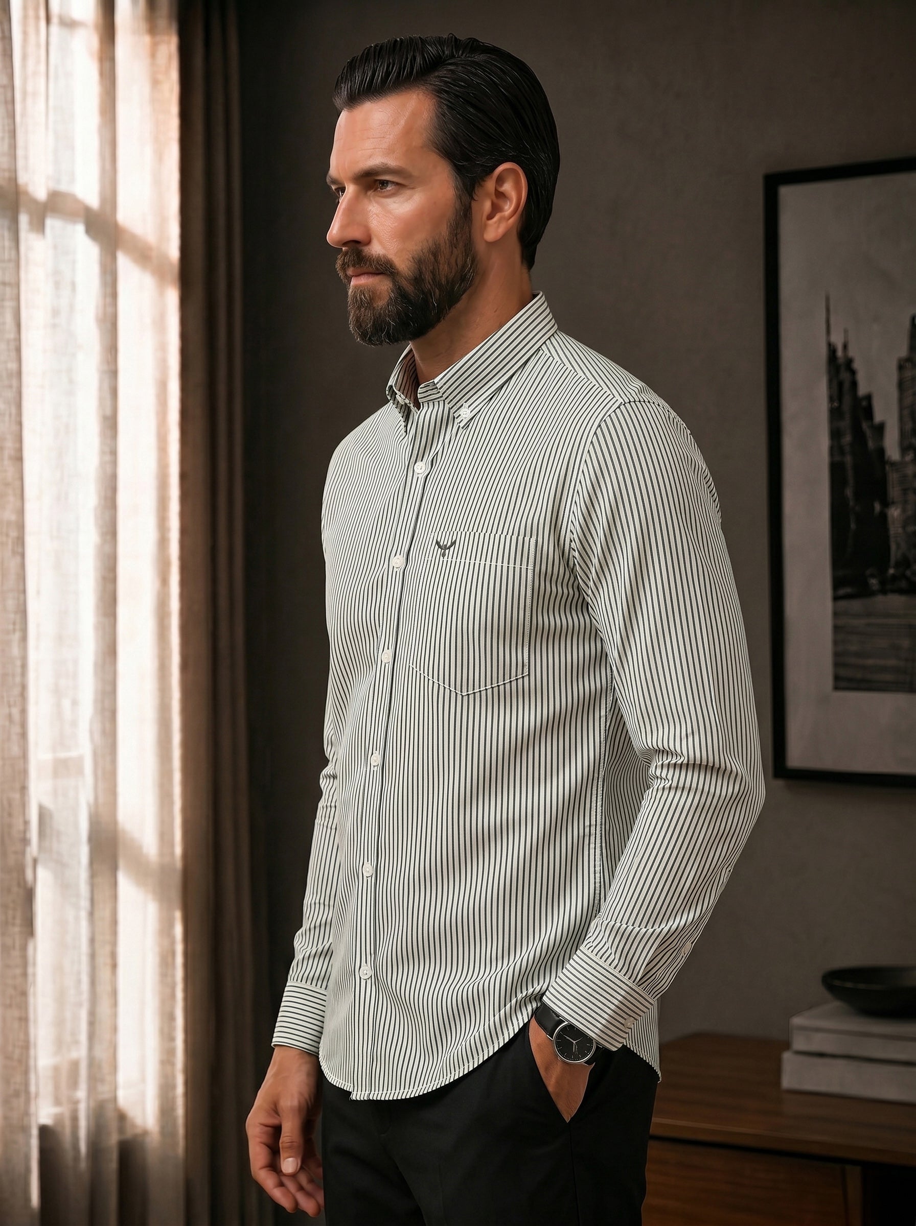 Bottle Green Striped Slim Fit Cotton Shirt