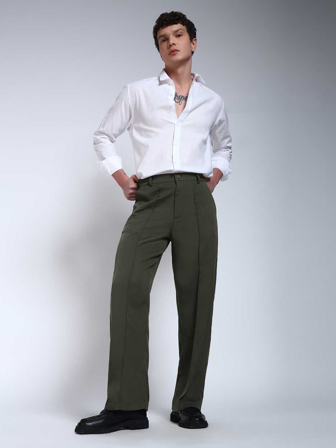 Olive Green Solid Pintuck Korean Pants
