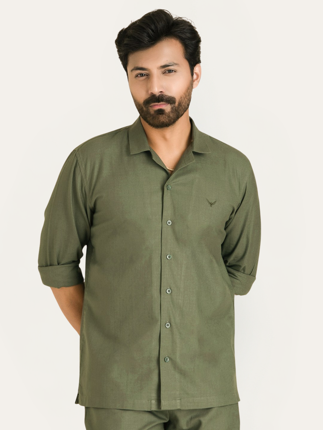 Olive Green Linen Solid Shirt Pants Co-ord Set.