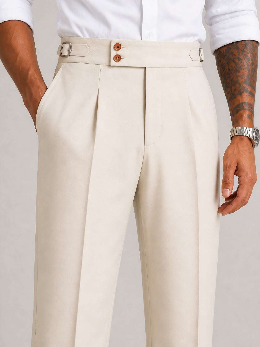 Cream Solid Straight Fit Double Buckle Gurkha Pant