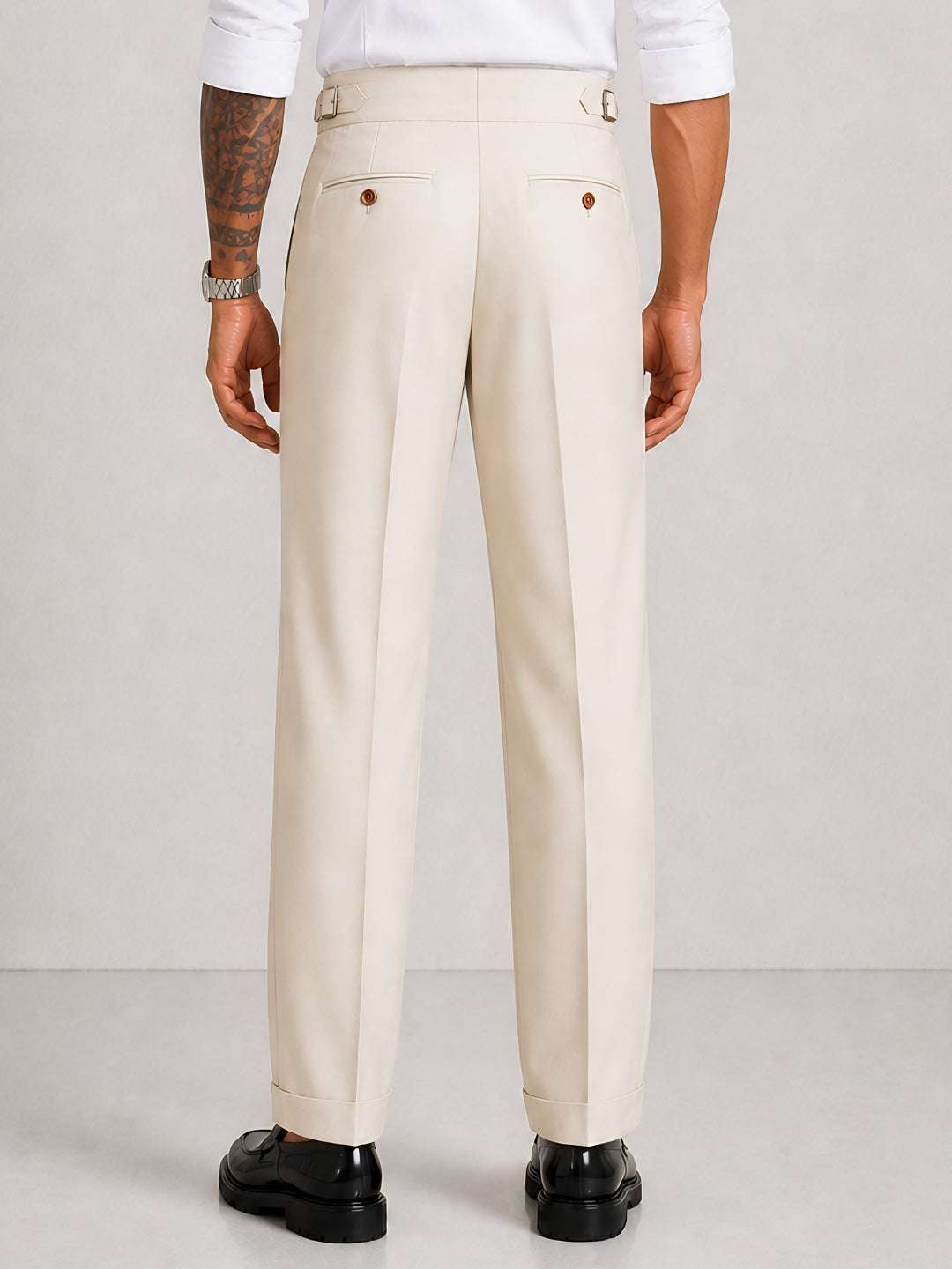 Cream Solid Straight Fit Double Buckle Gurkha Pant