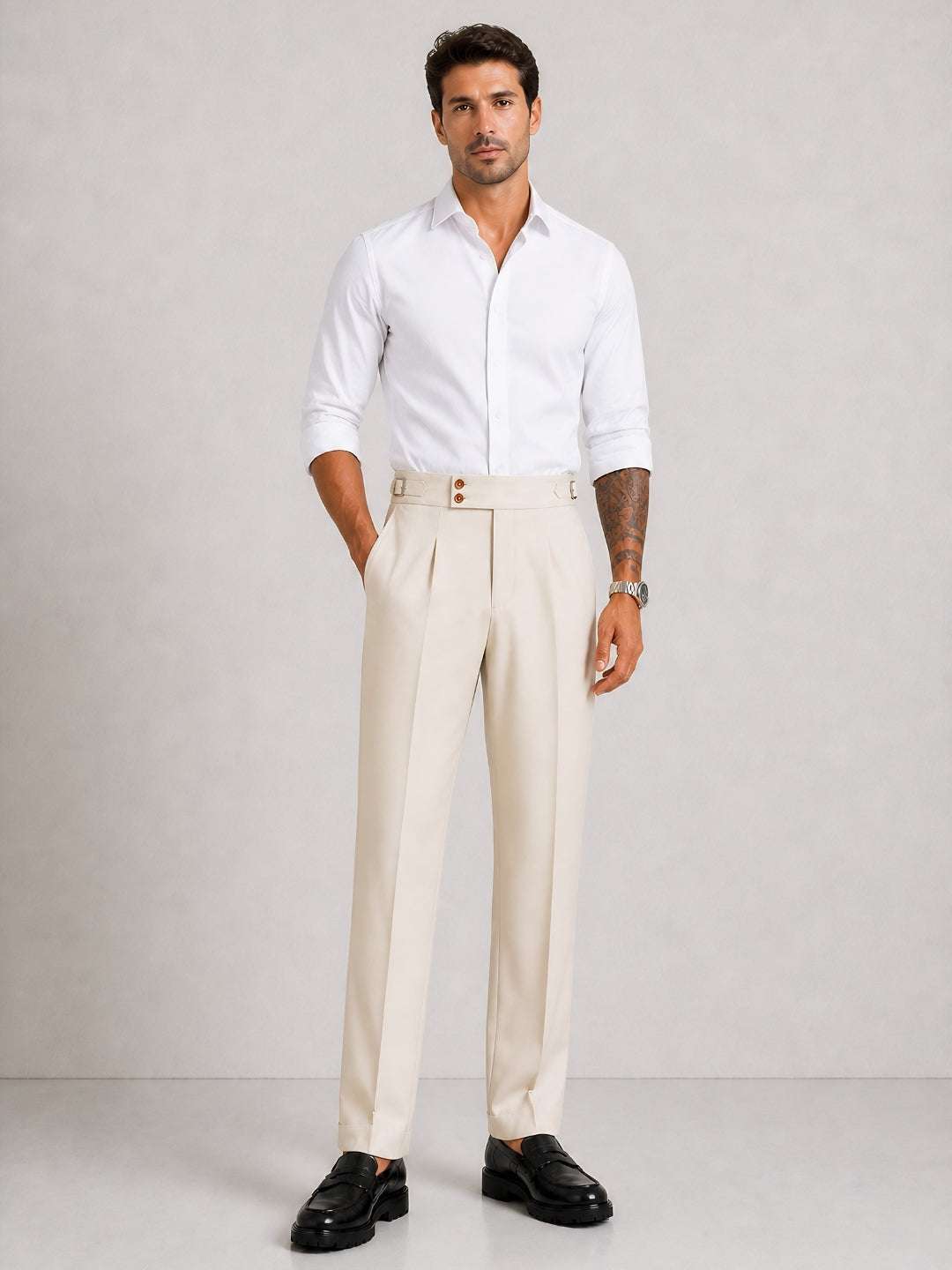 Cream Solid Straight Fit Double Buckle Gurkha Pant