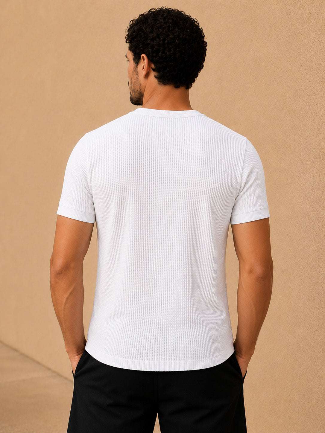 White Waffle Henley Half Sleeve T-Shirt