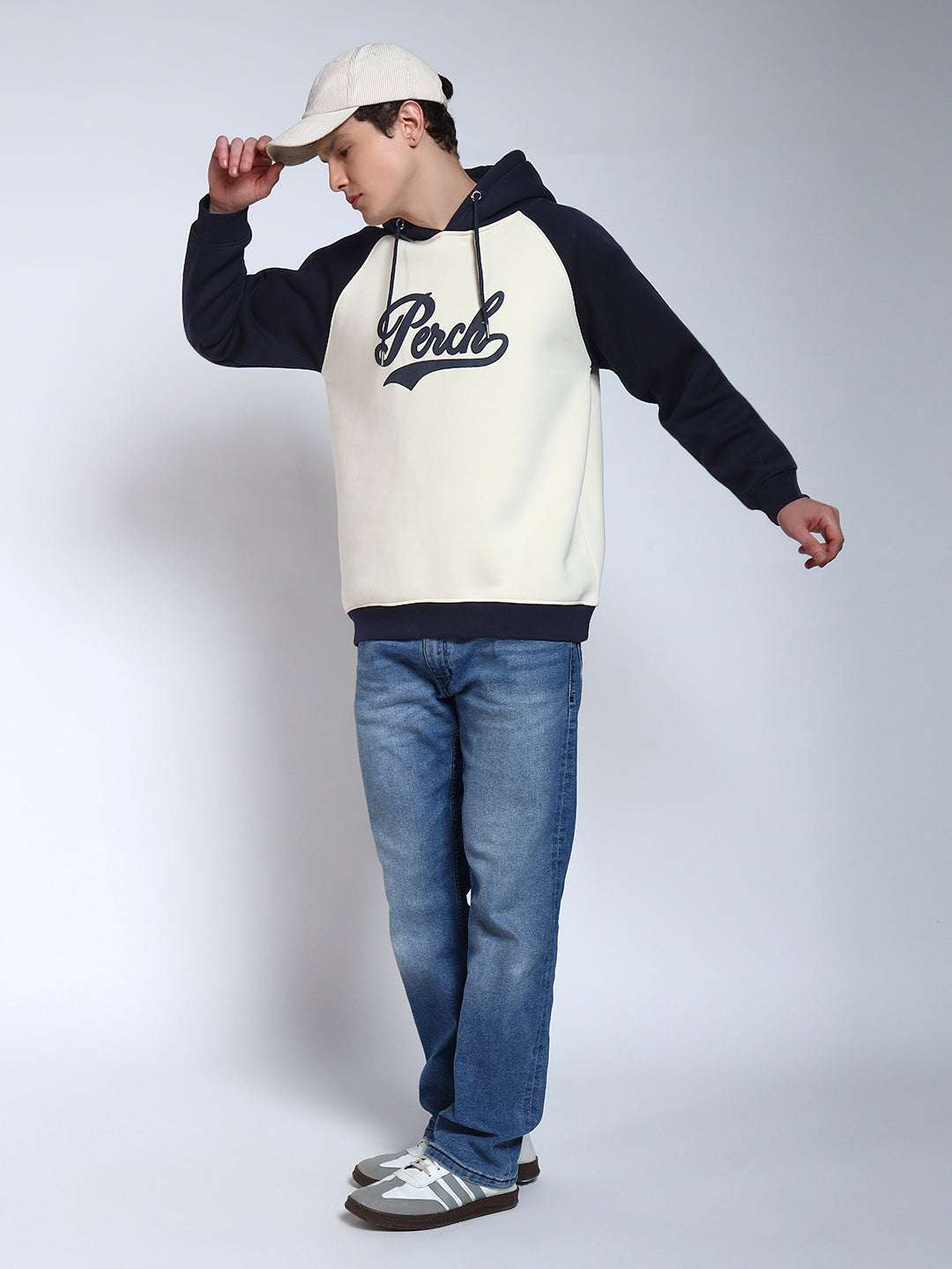 Navy Blue Colour Blocked Regular Fit Hoodie Sweatshirt