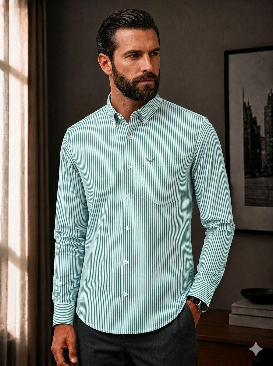 Aqua Green Striped Slim Fit Cotton Shirt