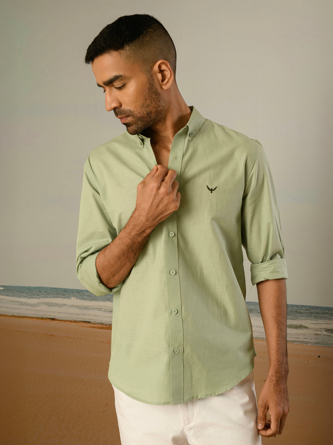 Pista Green Solid Slim Fit Linen Cotton Shirt