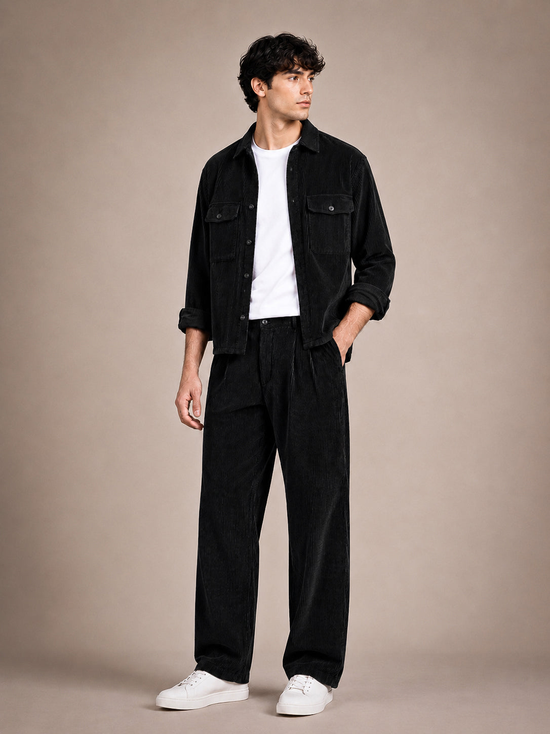 Black Corduroy Regular Fit Pleated Trouser