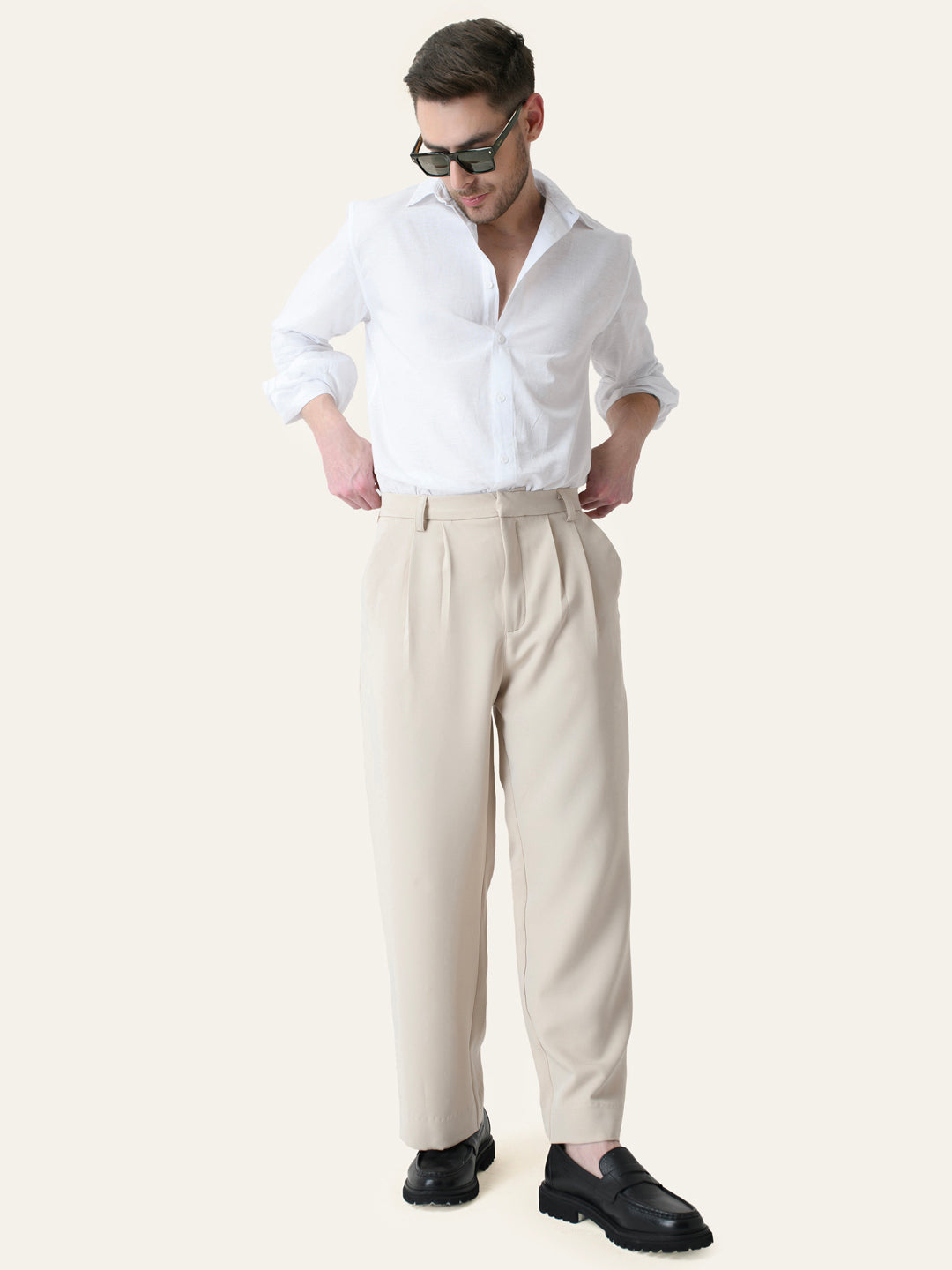 Cream Solid Pleated Korean Pants