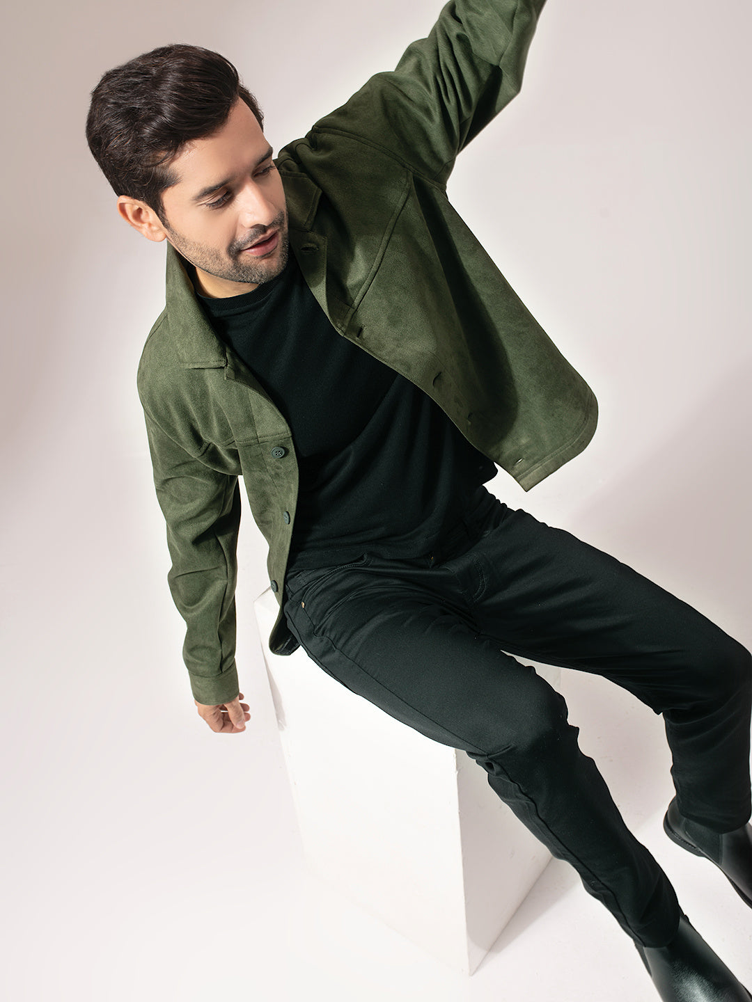 Olive Green Suede Solid Cut & Sew Jacket