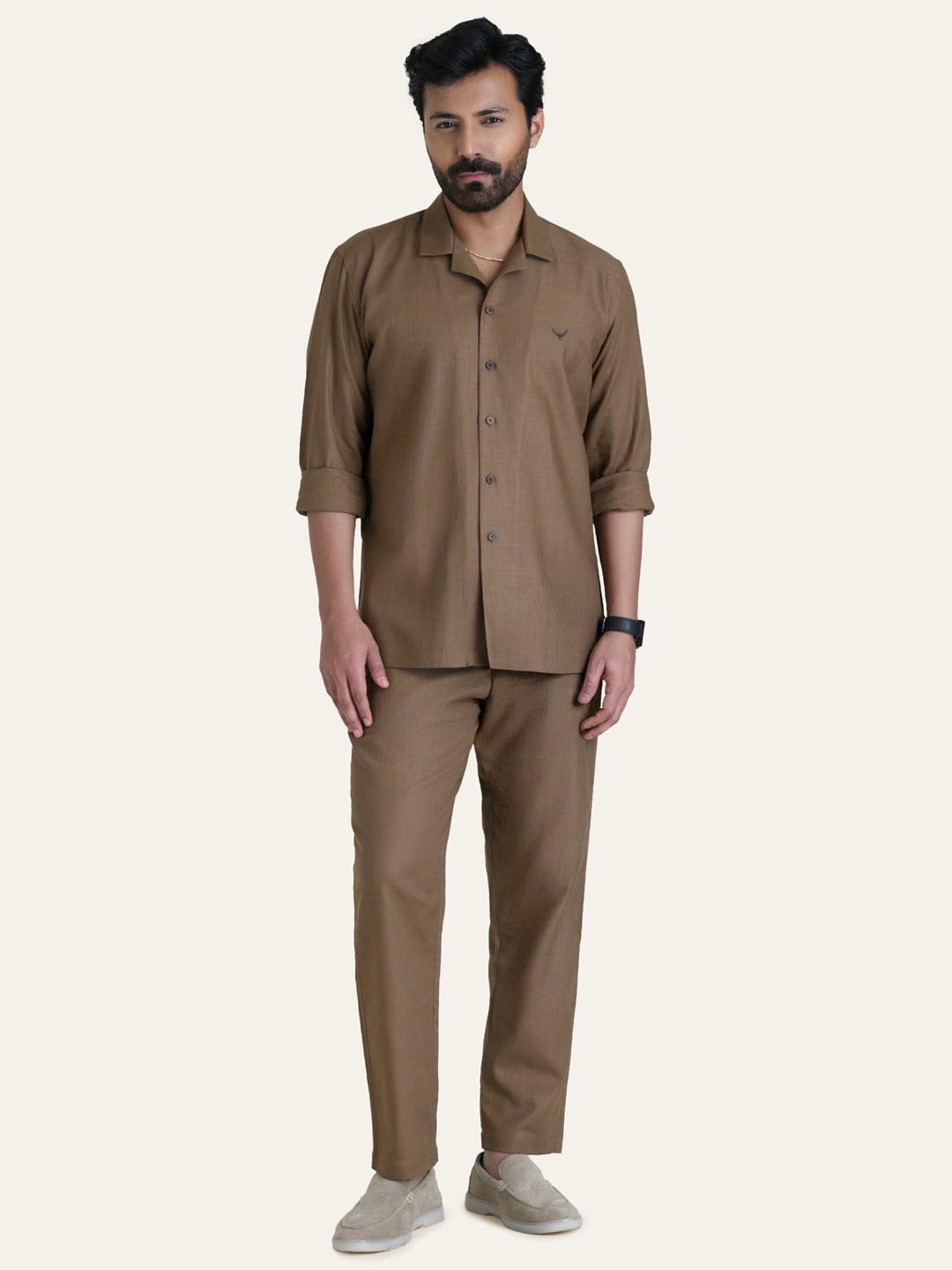 Brown Linen Solid Shirt Shorts Co-ord Set.