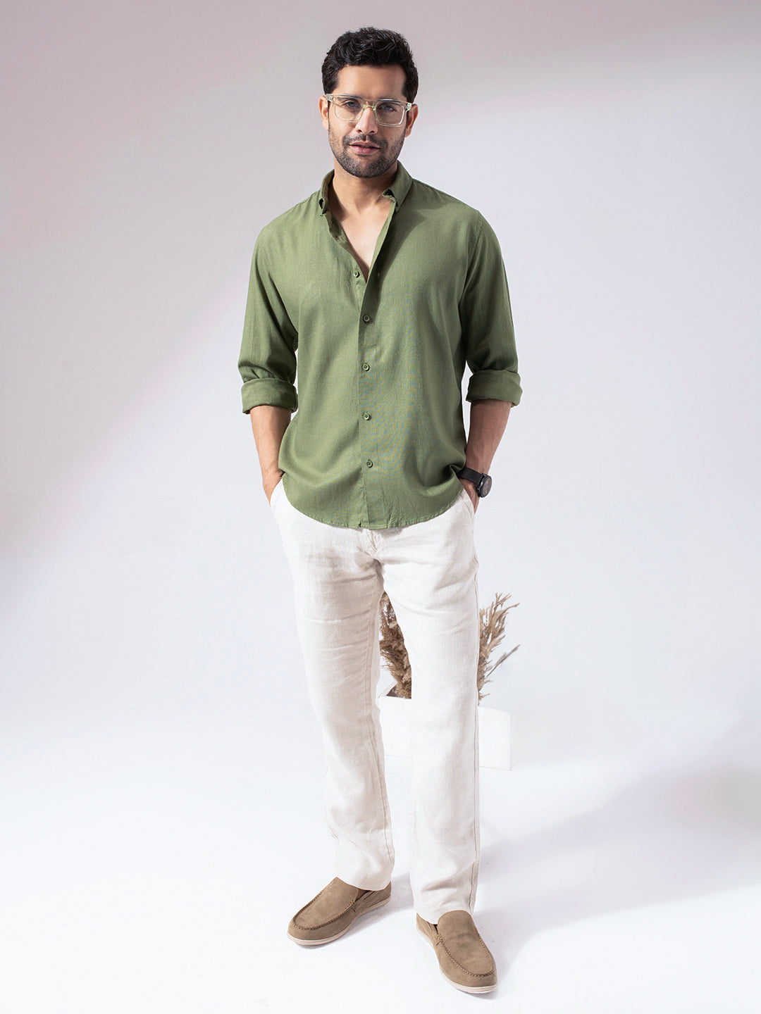 Moss Green Pre-Washed Linen Cotton Shirt P E R C H Moss Green Pre-Washed Linen Cotton Shirt P E R C H