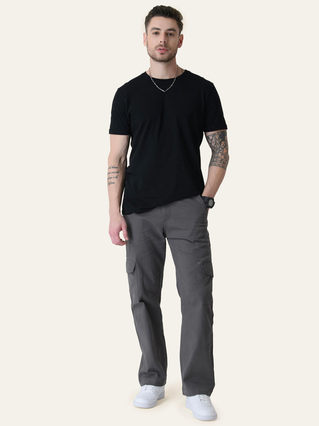 Grey Solid Cargo Pants