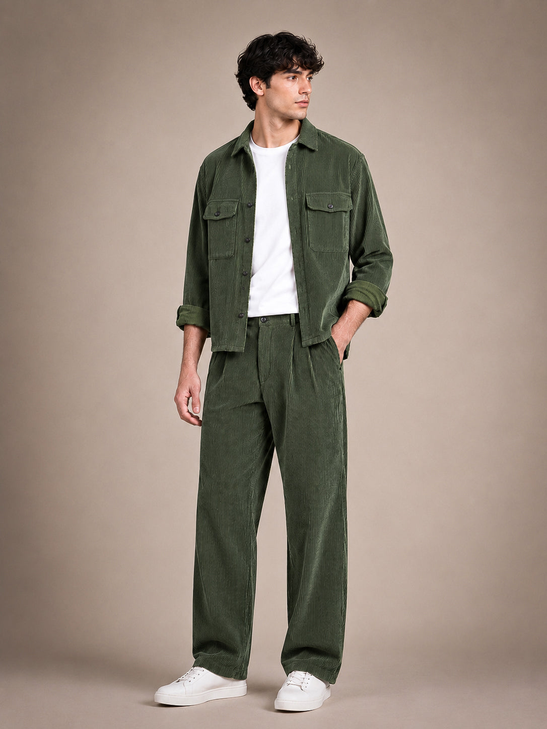 Olive Green Corduroy Regular Fit Pleated Trouser