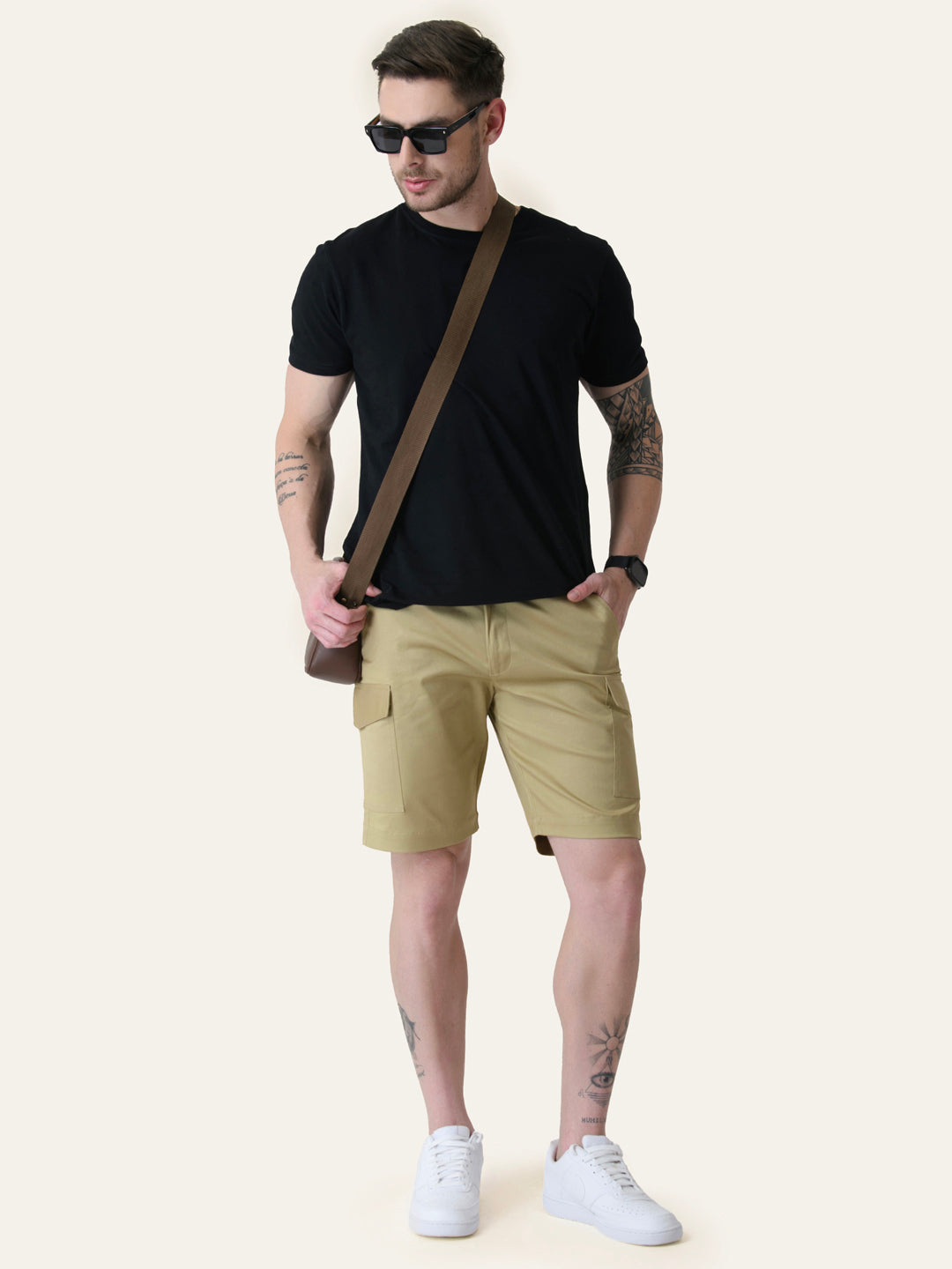 Twill Cotton Camel Brown Solid Shorts