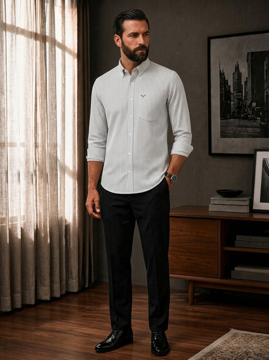 Grey Striped Slim Fit Cotton Shirt