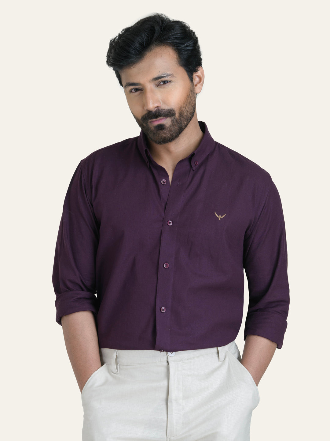 Wine Solid Slim Fit Linen Cotton Shirt