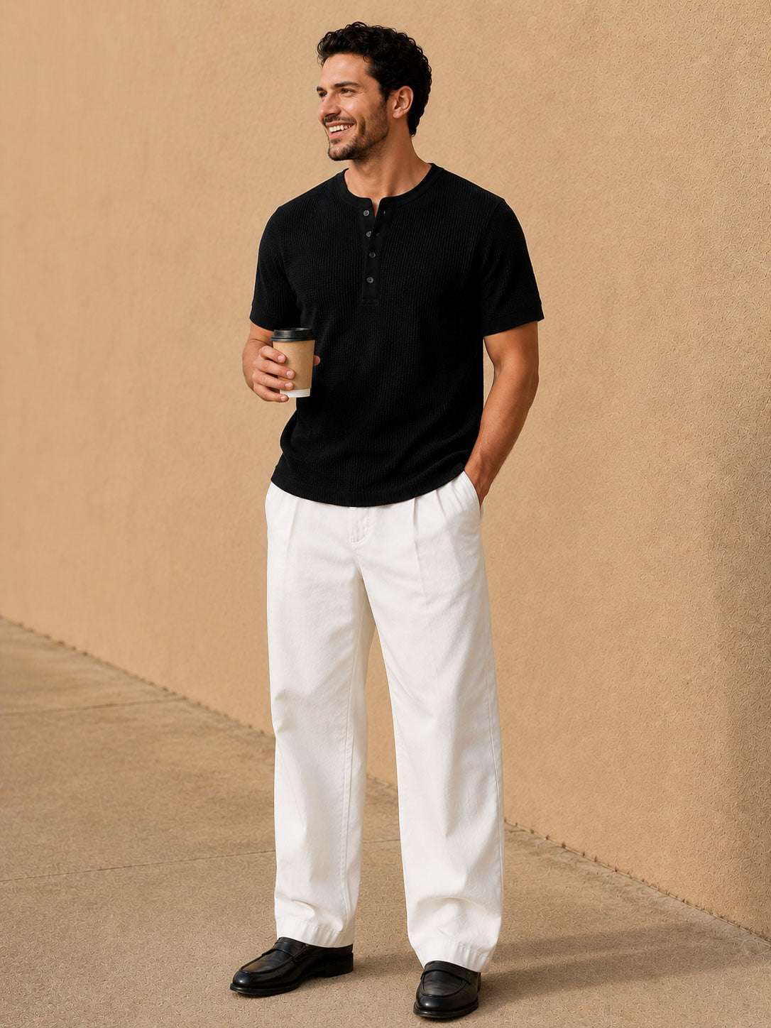 Black Waffle Henley Half Sleeve T-Shirt