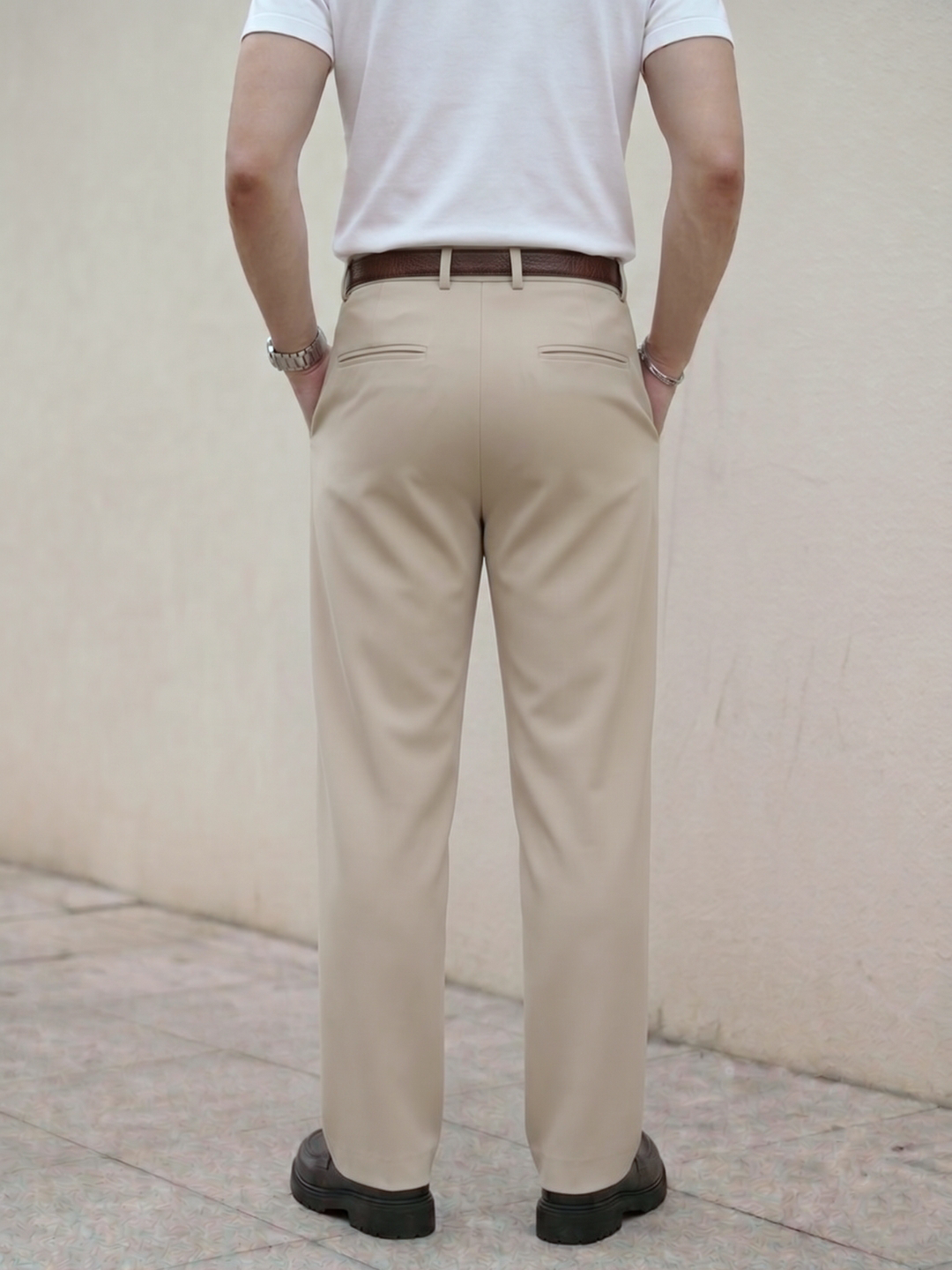 Cream Solid Loose Fit Overpleat Korean Pant