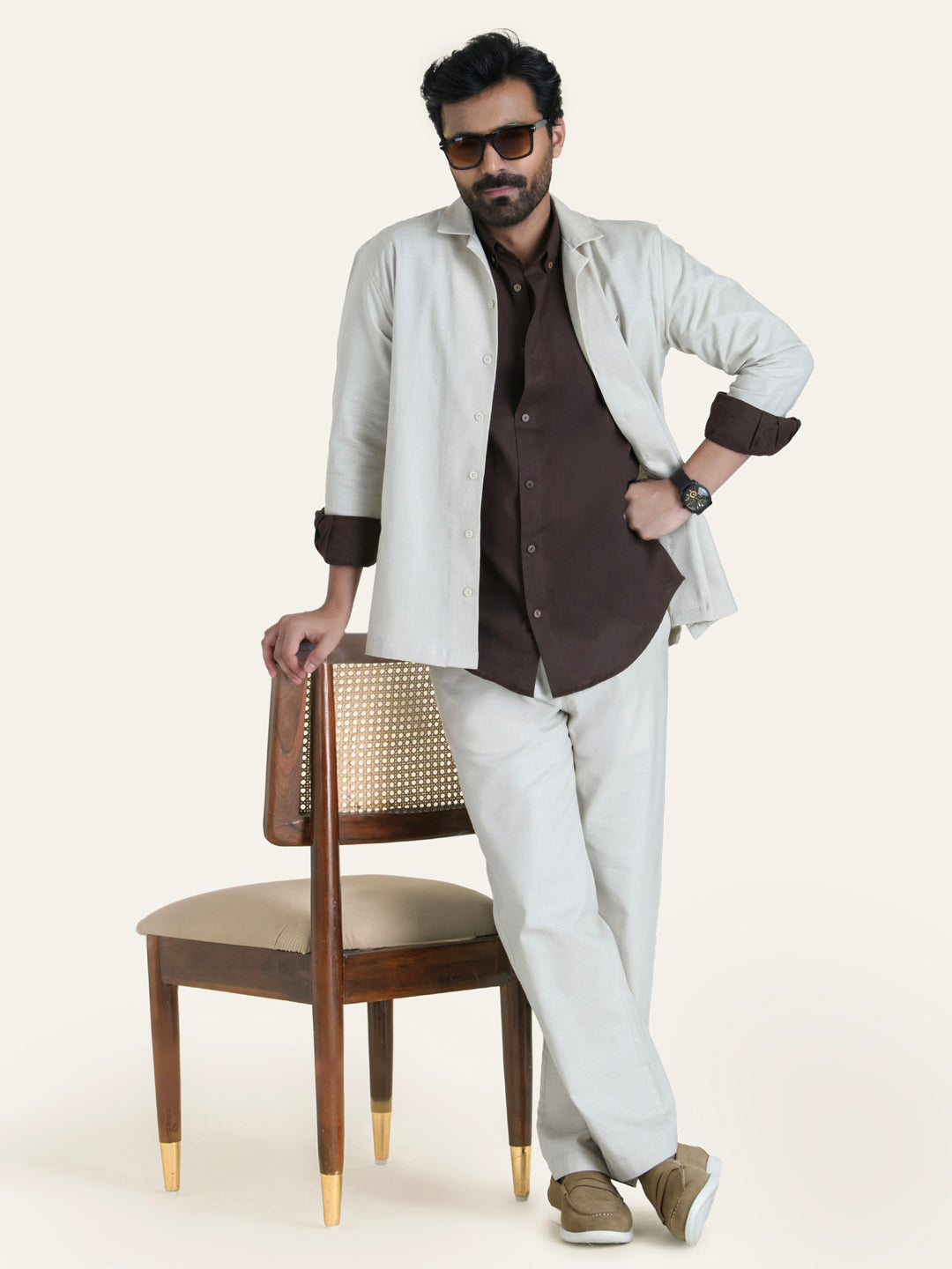 Beige Linen Solid Shirt Pants Co-ord Set.