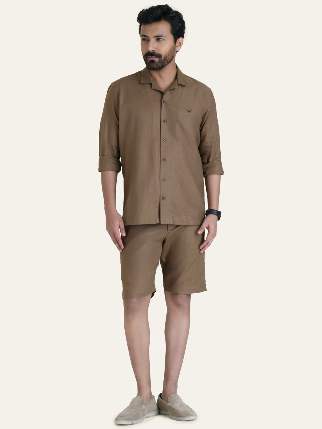 Brown Linen Solid Shirt Pants Co-ord Set.
