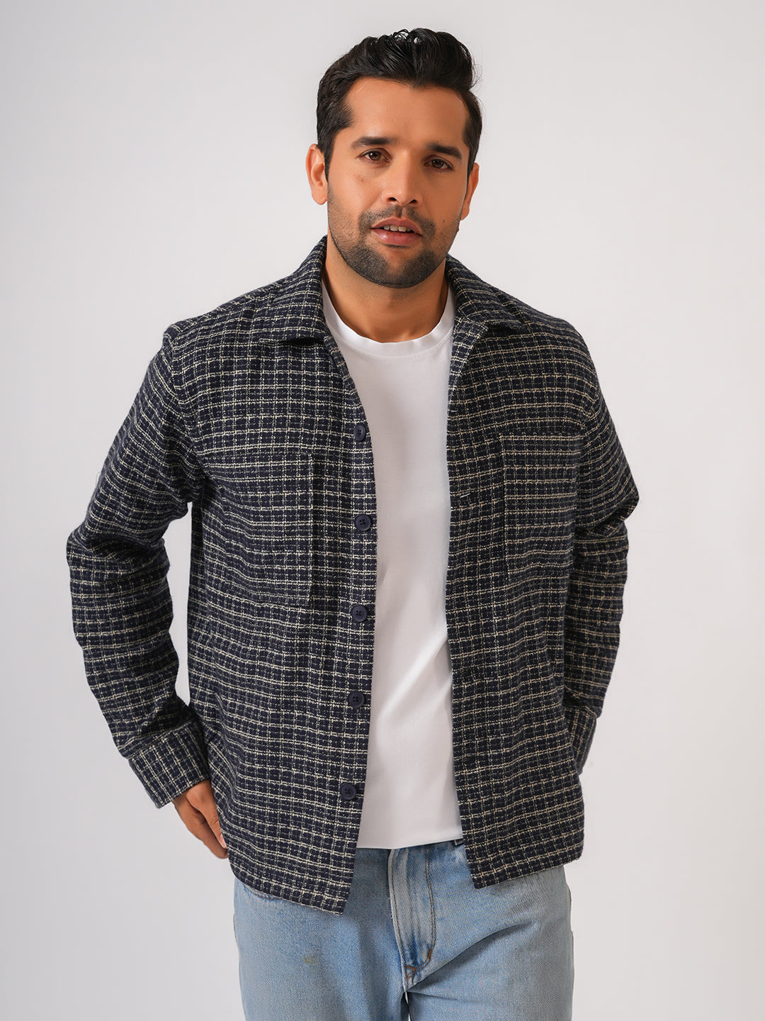 Navy Blue Checked Cotton Shacket Over-Shirt