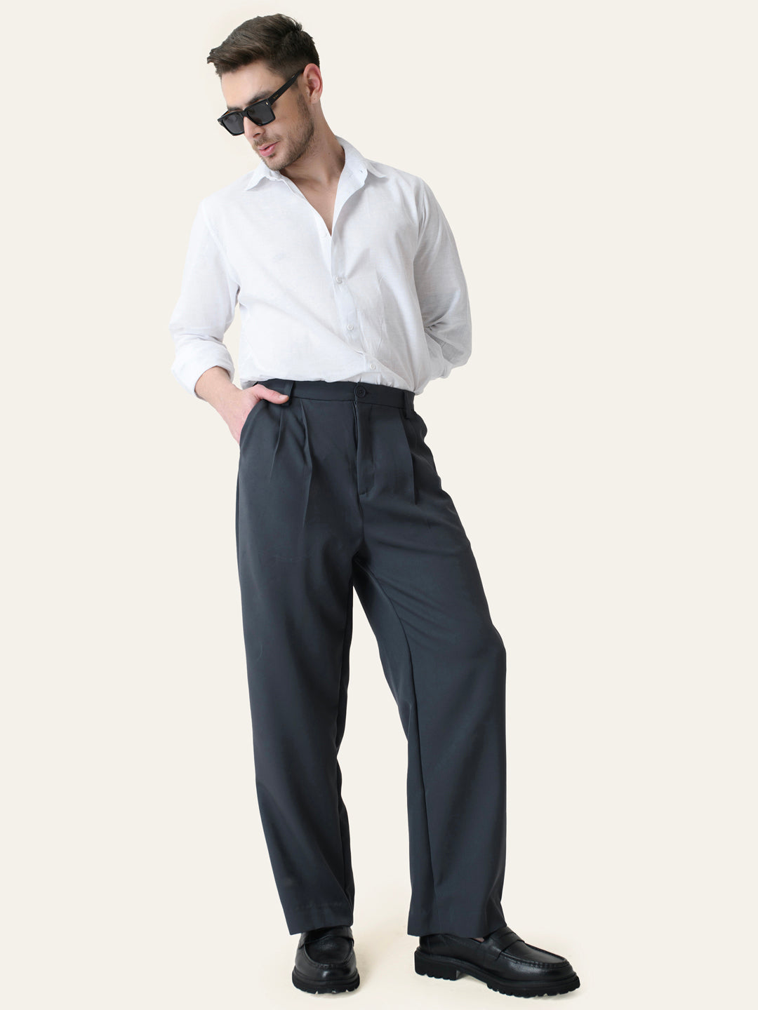 Dark Grey Solid Pleated Korean Pants