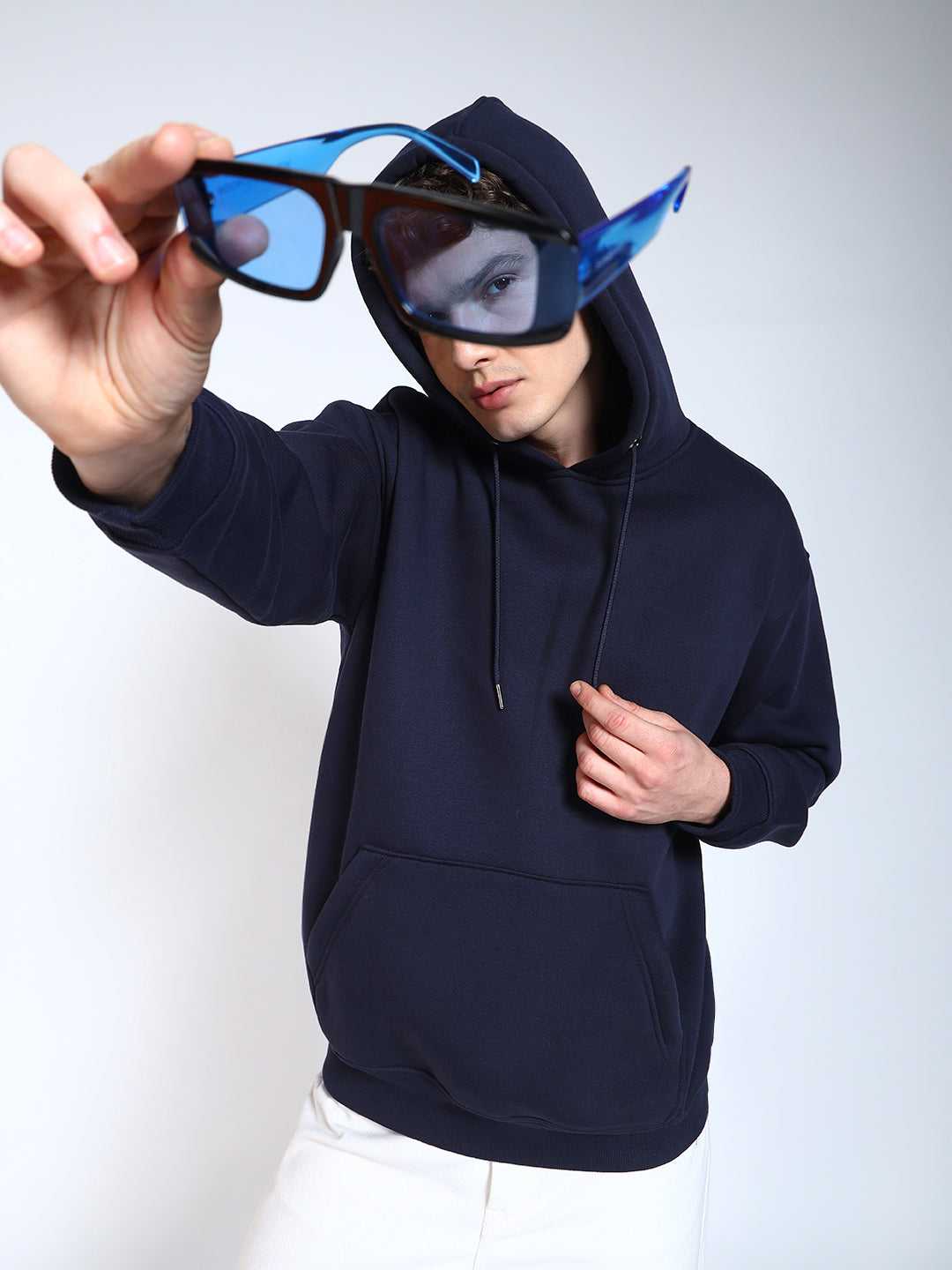 Navy Blue Solid Regular Fit Hoodie Sweatshirt
