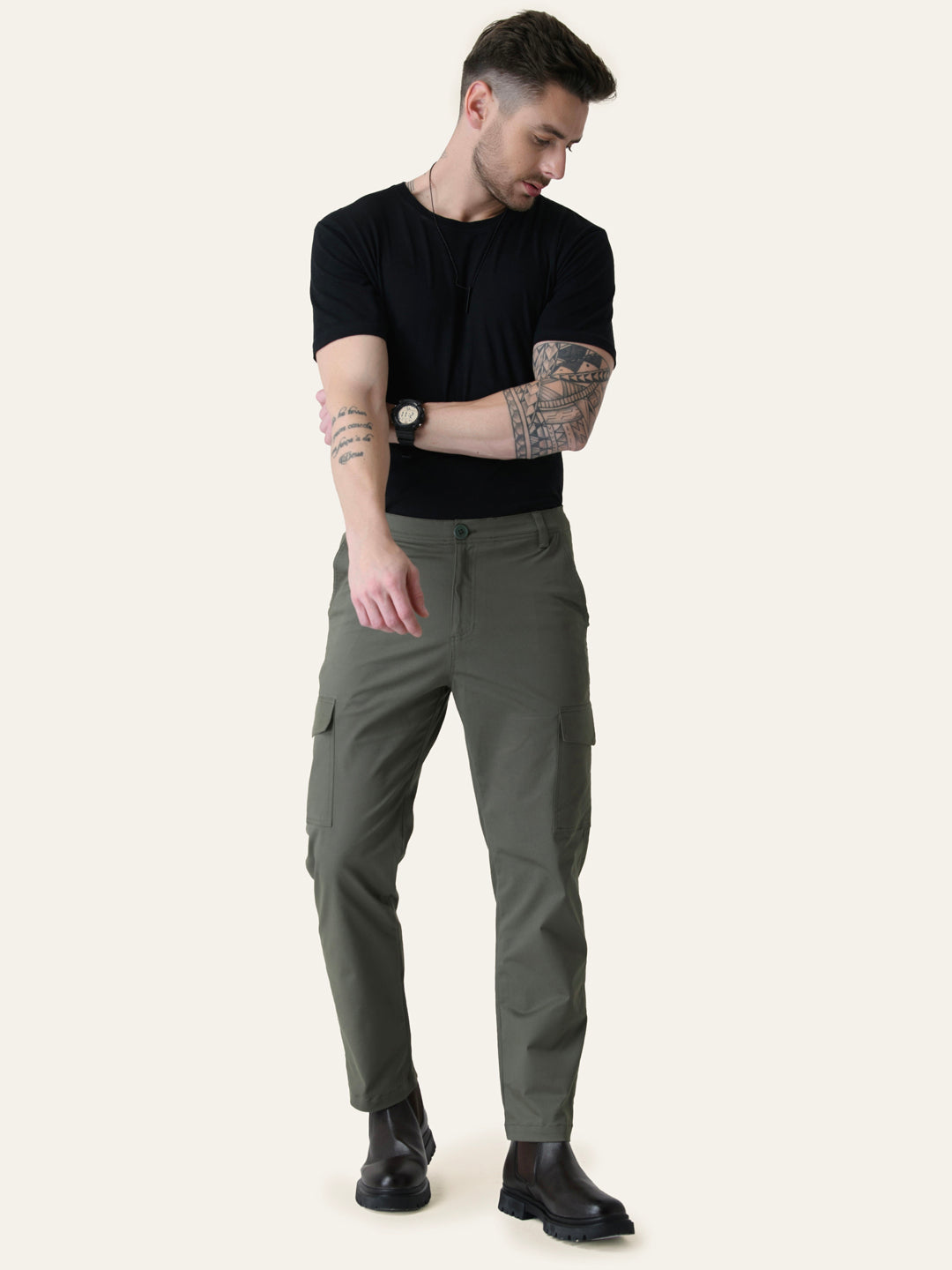 Olive Green Solid Cargo Pants