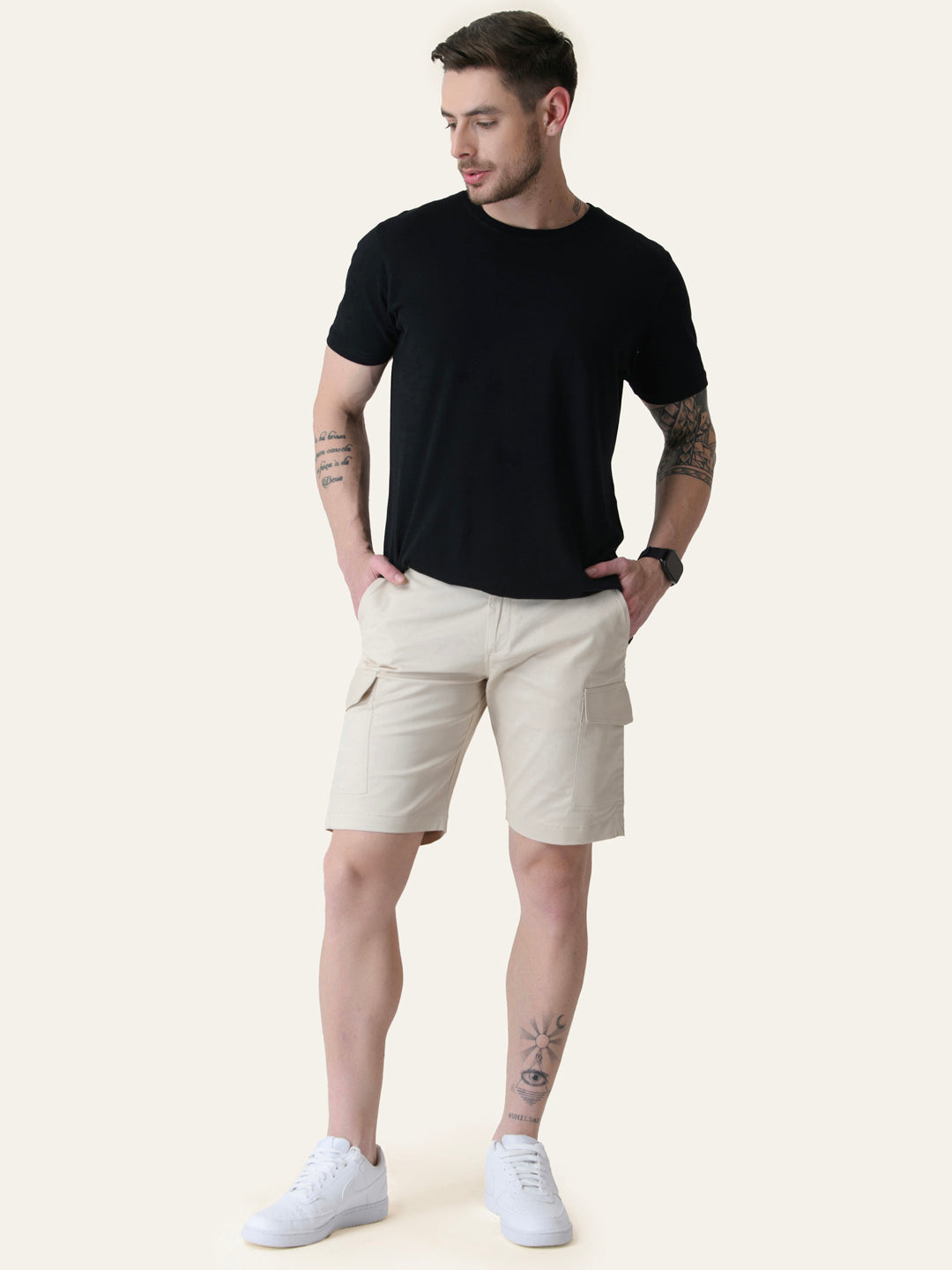 Twill Cotton Cream Solid Shorts