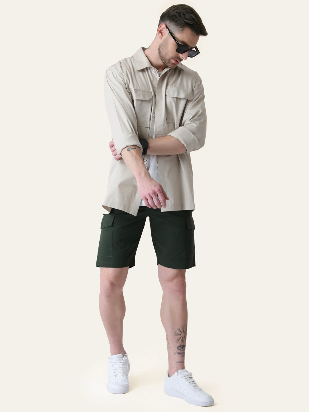Twill Cotton Bottle Green Solid Shorts
