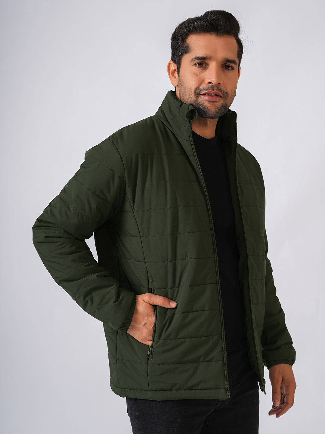 Bottle Green Solid Lightweight Puffer Jacket