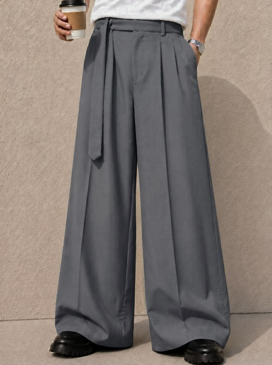 Steel Grey Solid Wide Leg Fit Belted Korean Pant