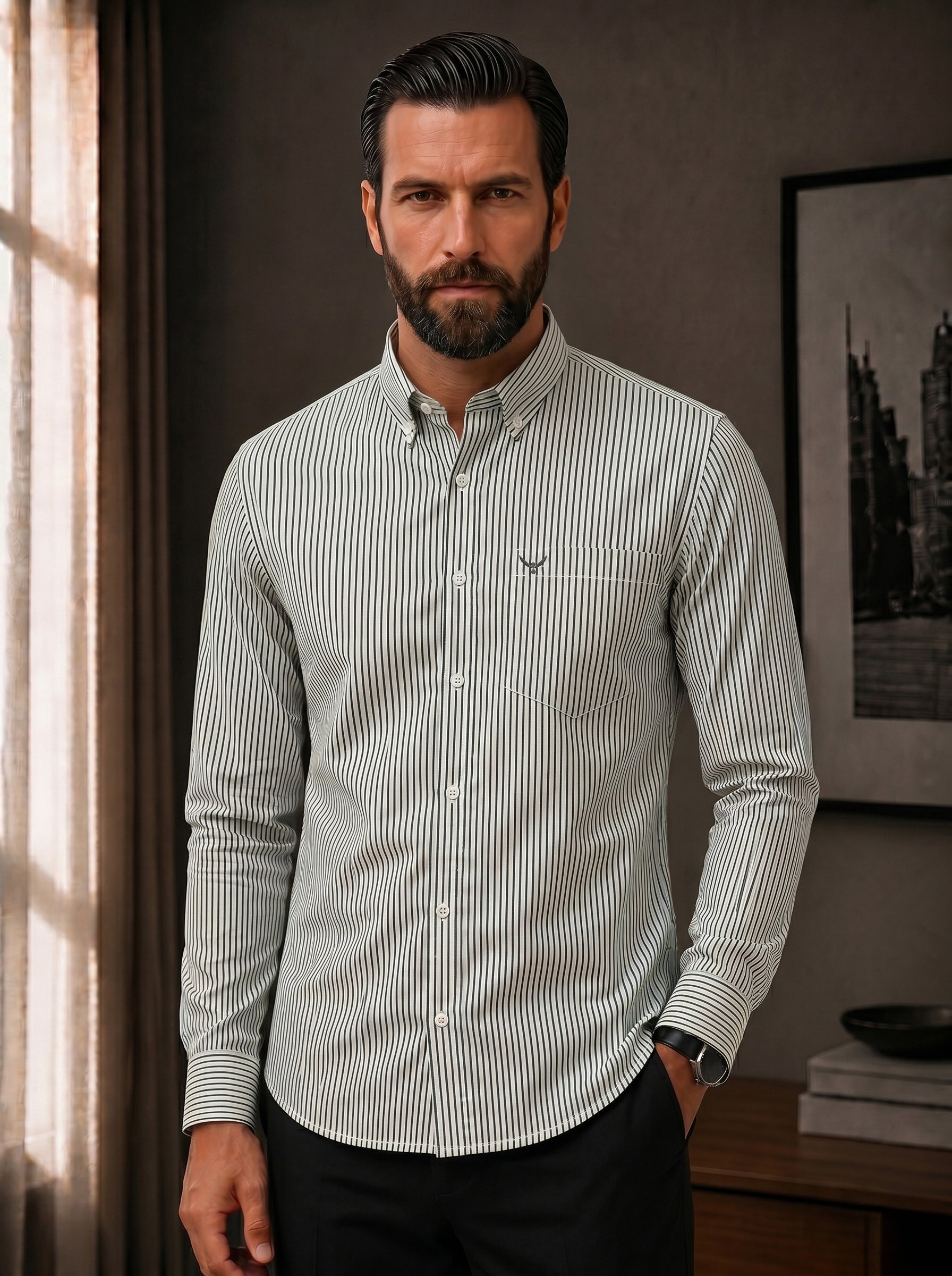 Bottle Green Striped Slim Fit Cotton Shirt