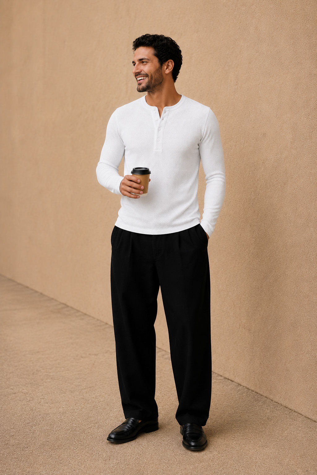 White Waffle Henley Full Sleeve T-Shirt