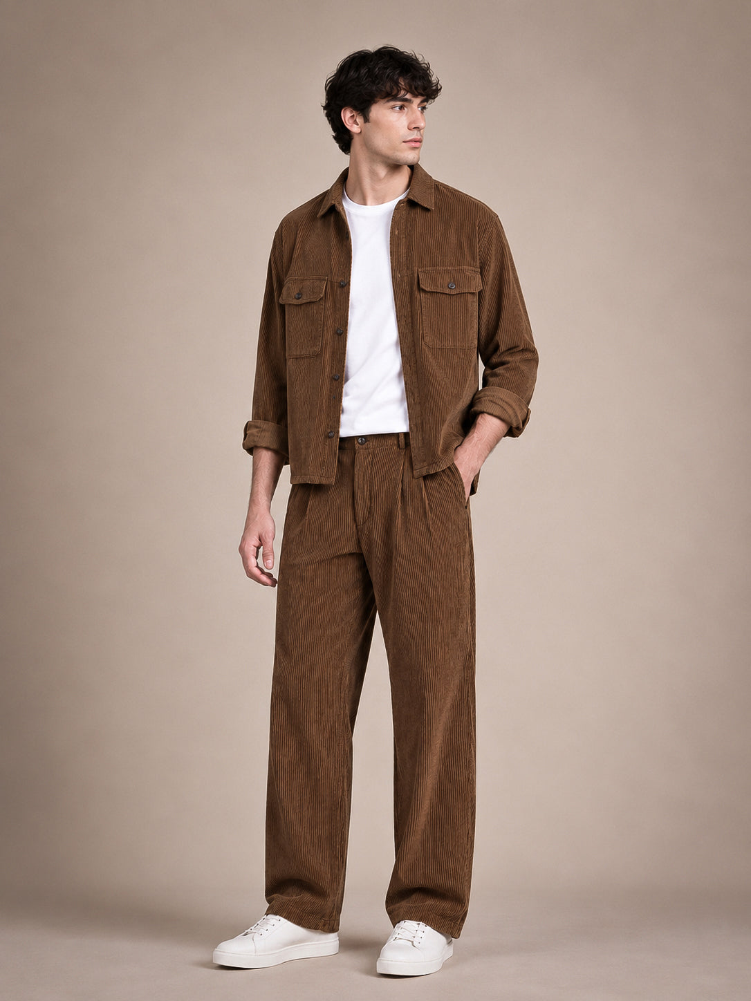 Brown Corduroy Regular Fit Pleated Trouser