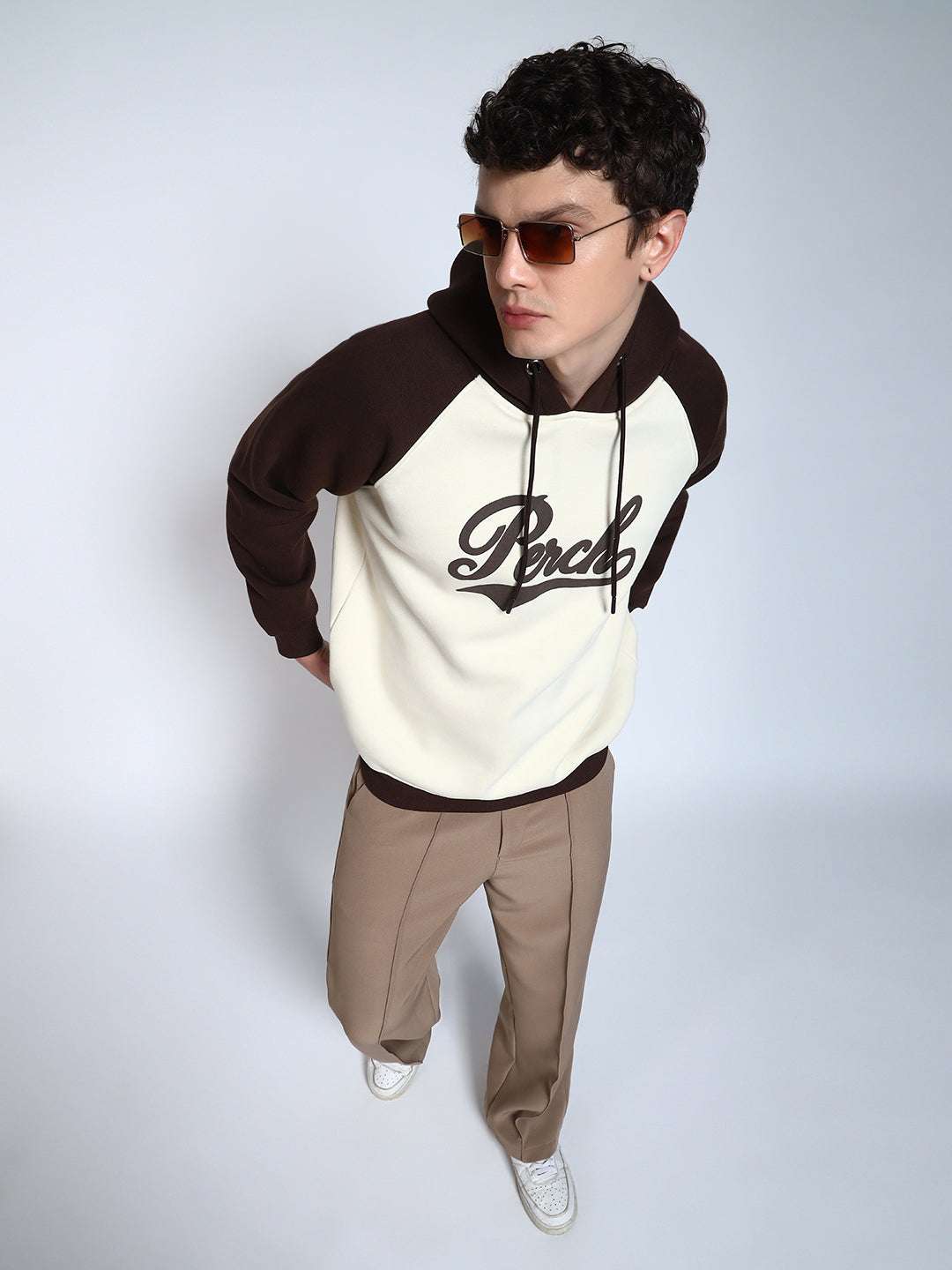 Brown Colour Blocked Regular Fit Hoodie Sweatshirt