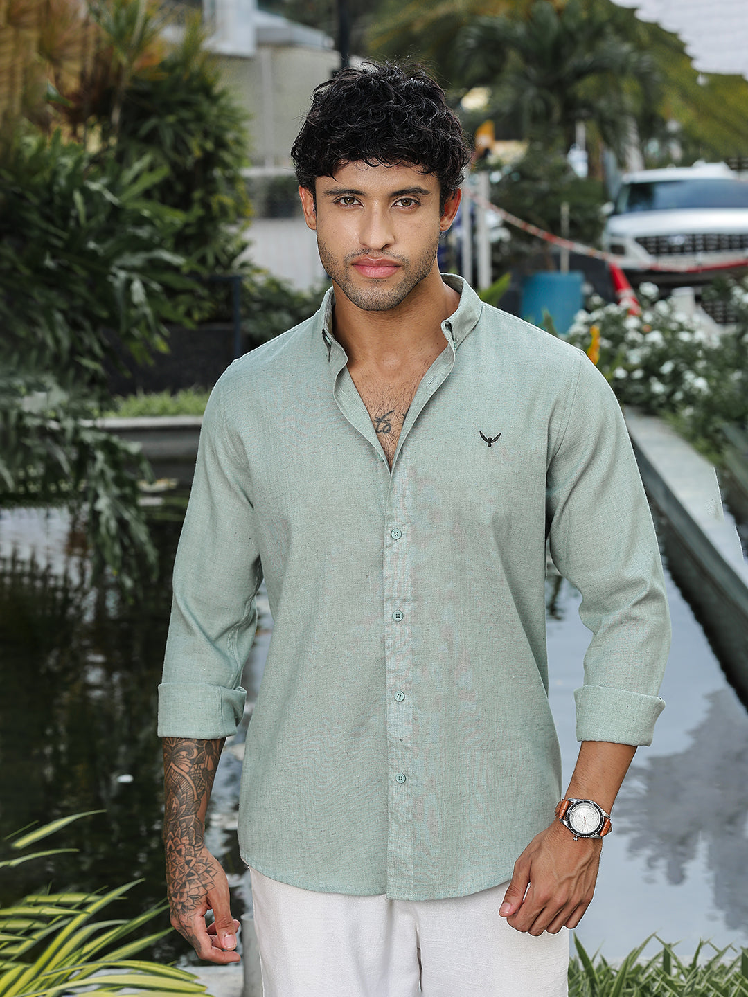 Pastel Green Solid Slim Fit Linen Shirt