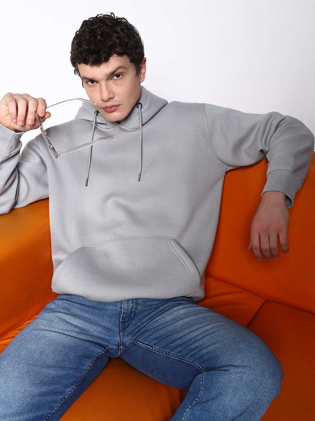 Grey Solid Regular Fit Hoodie Sweatshirt