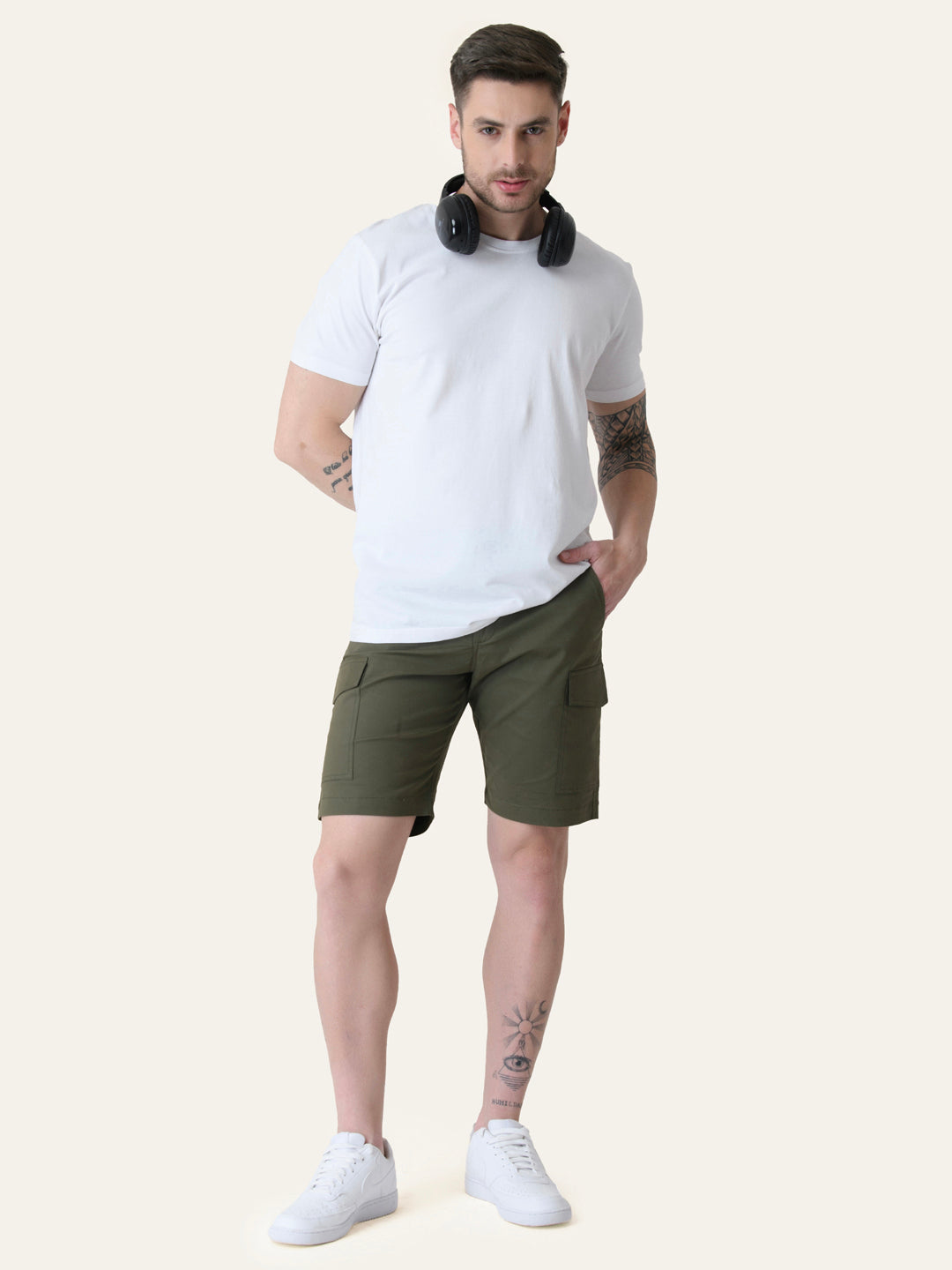 Twill Cotton Olive Green Solid Shorts