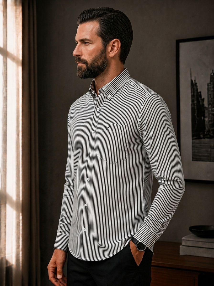 Black Striped Slim Fit Cotton Shirt