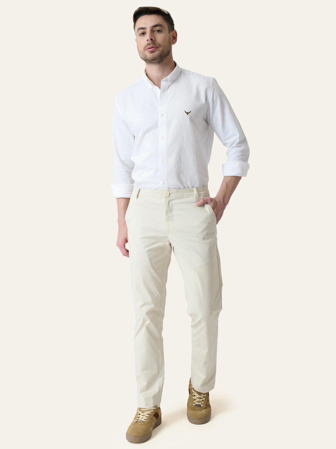 Cream Solid Slim Fit Chinos
